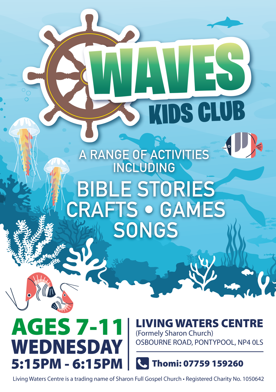 Poster about our kids club for seven to eleven year olds at the Living Waters Centre on Wednesdays at five fifteen
